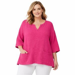 Soft Surroundings Tunic Blouse Womens XL Pink Gauze V Neck 3/4 Sleeve Pockets